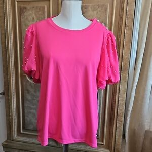 Karl Lagerfeld Hot Pink Pearl-Embellished Puff Sleeve Top NWT Large